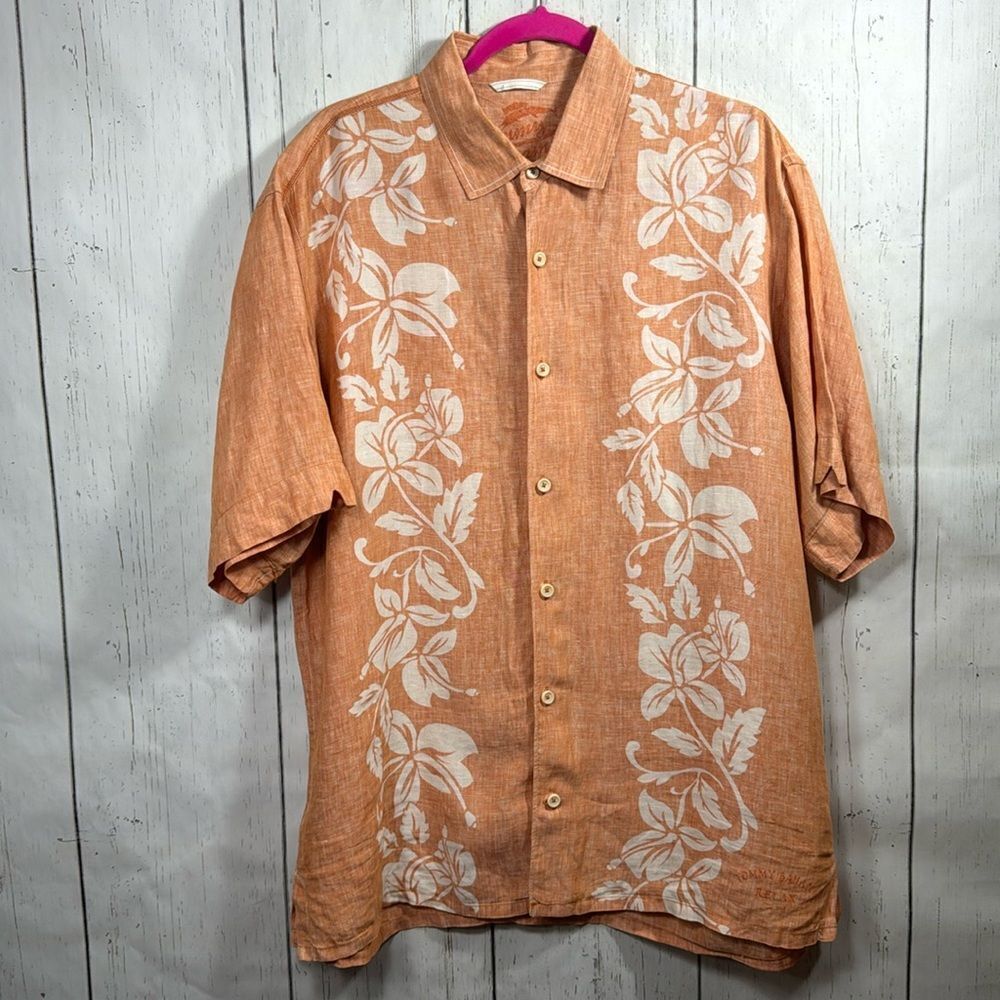 Tommy Bahama Orange 100% Linen Hawaiian Camp Shirt Floral Button Up Tropical